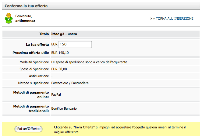 Conferma la tua offerta